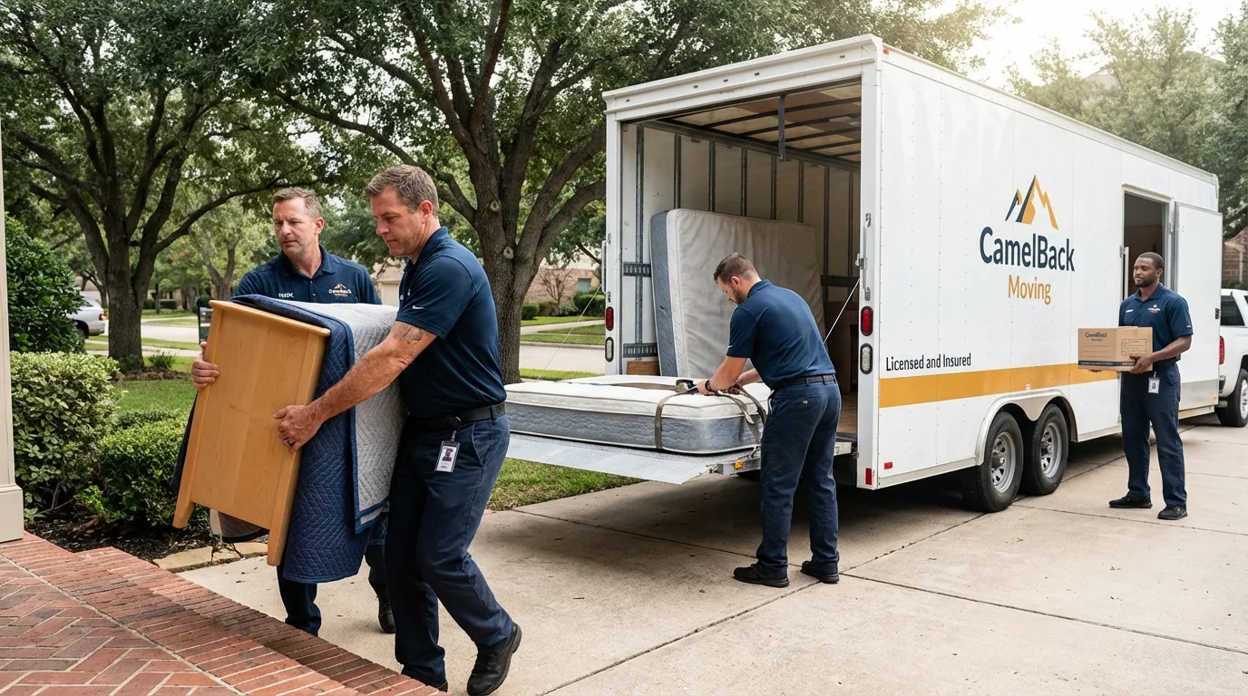 Crew loading residential truck for cross-state move from Homeland, CA