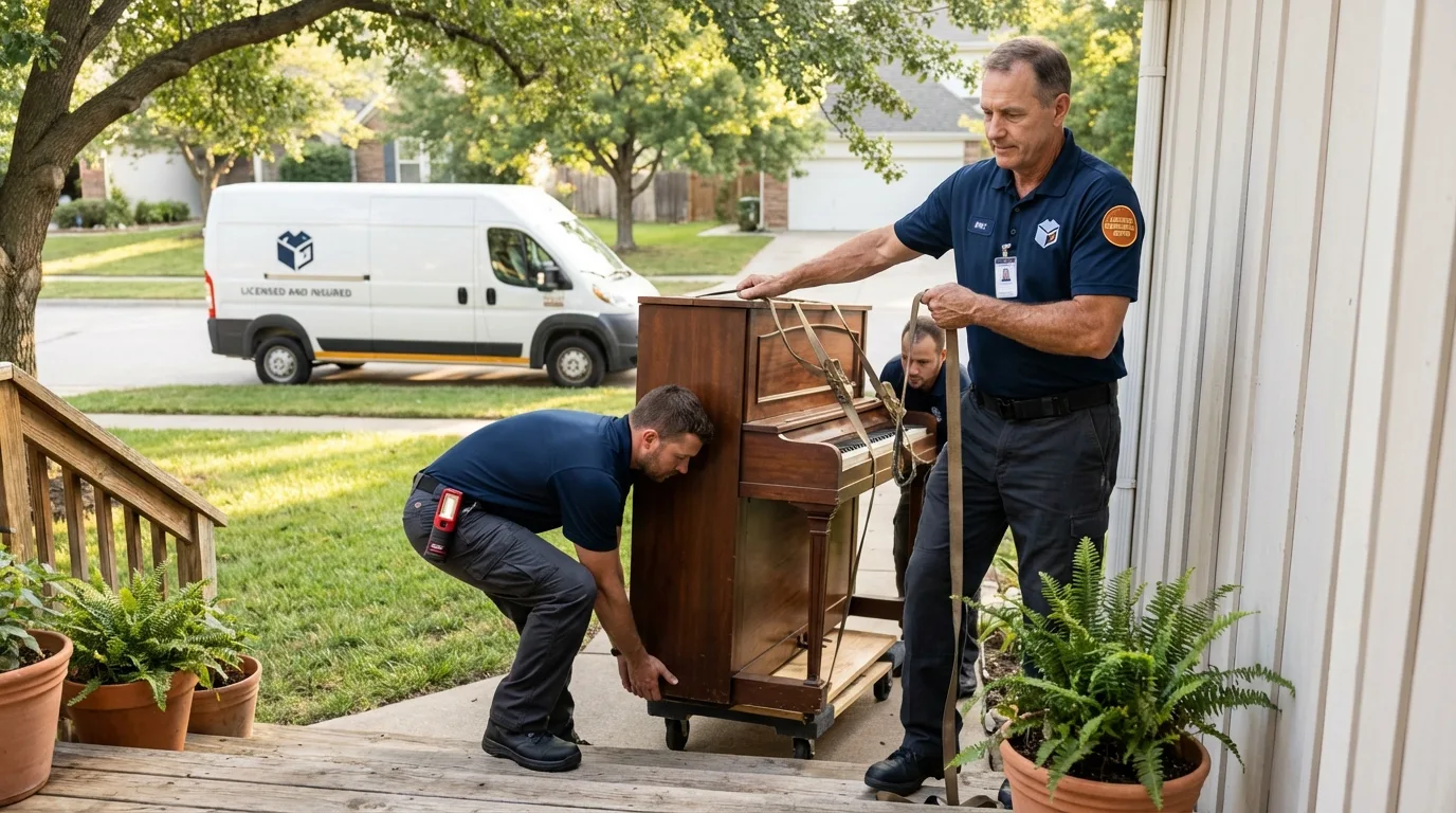 Licensed piano movers securing grand piano in Homeland, CA
