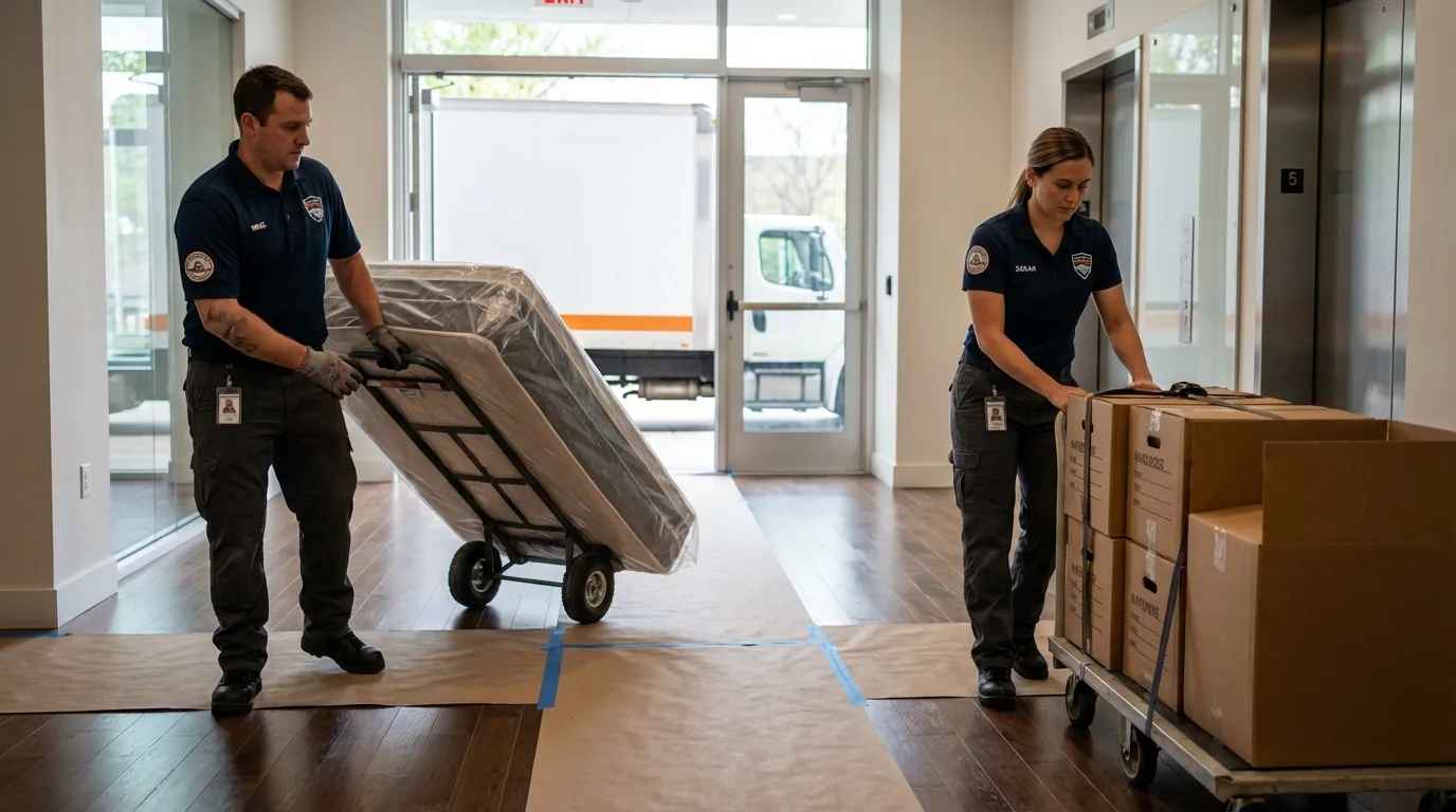 Professional apartment movers loading elevator in Homeland, CA